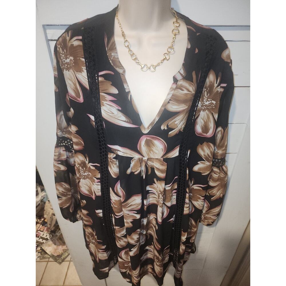 Entro Women's Black/Brown Floral Print Mini Dress Size Large Embroidered - Picture 14 of 16